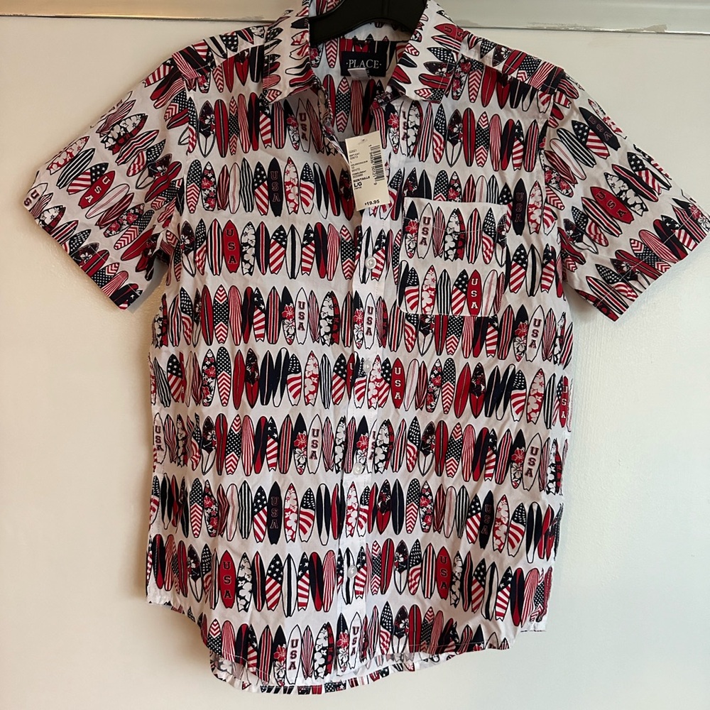 Boy’s Surfboard Print Shirt - Red, Black, and White